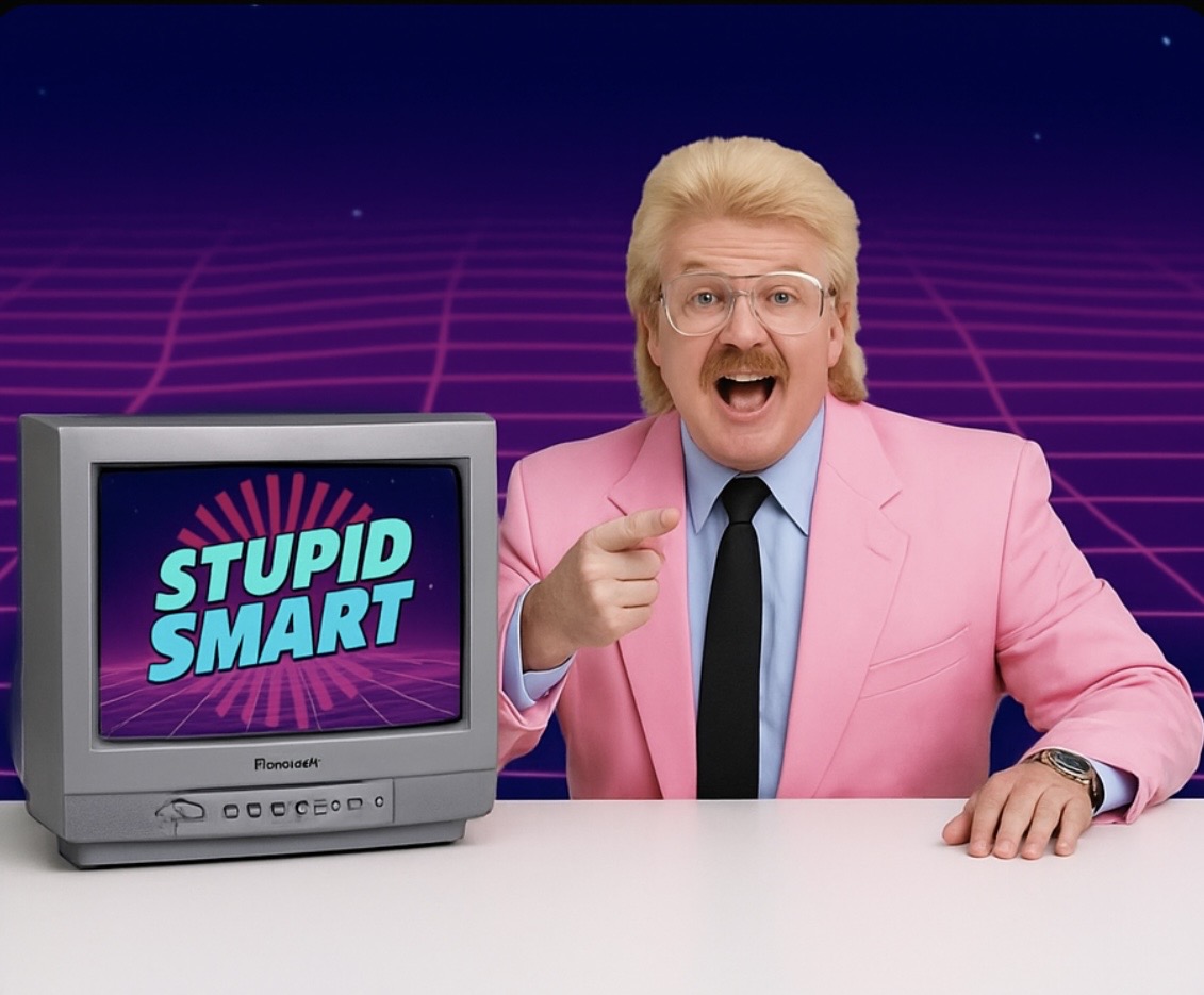 Pink-suit host with Stupid Smart on TV